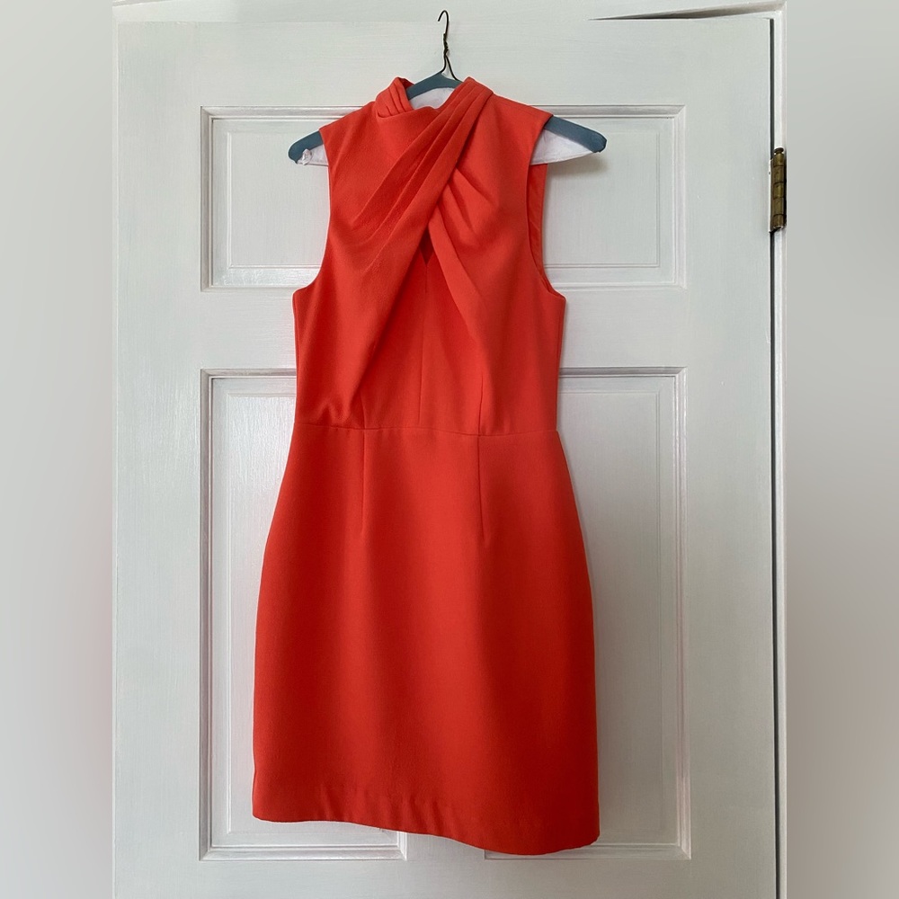 Trina Turk high neck fit and flare brilliant orange coral crepe lined dress